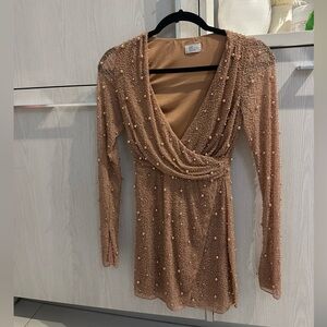 Oh Polly Beaded Long Sleeve Dress in Tan